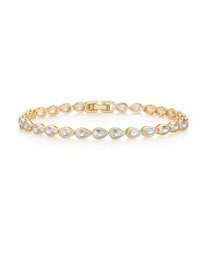 PAVOI 14K Yellow Gold Plated Simulated Diamonds Bezel Set Tennis Bracelets for Women - Cubic Zirconia Stones Pear Statement Bride Gold Bracelet Stack - Size 6.5" - Image 4