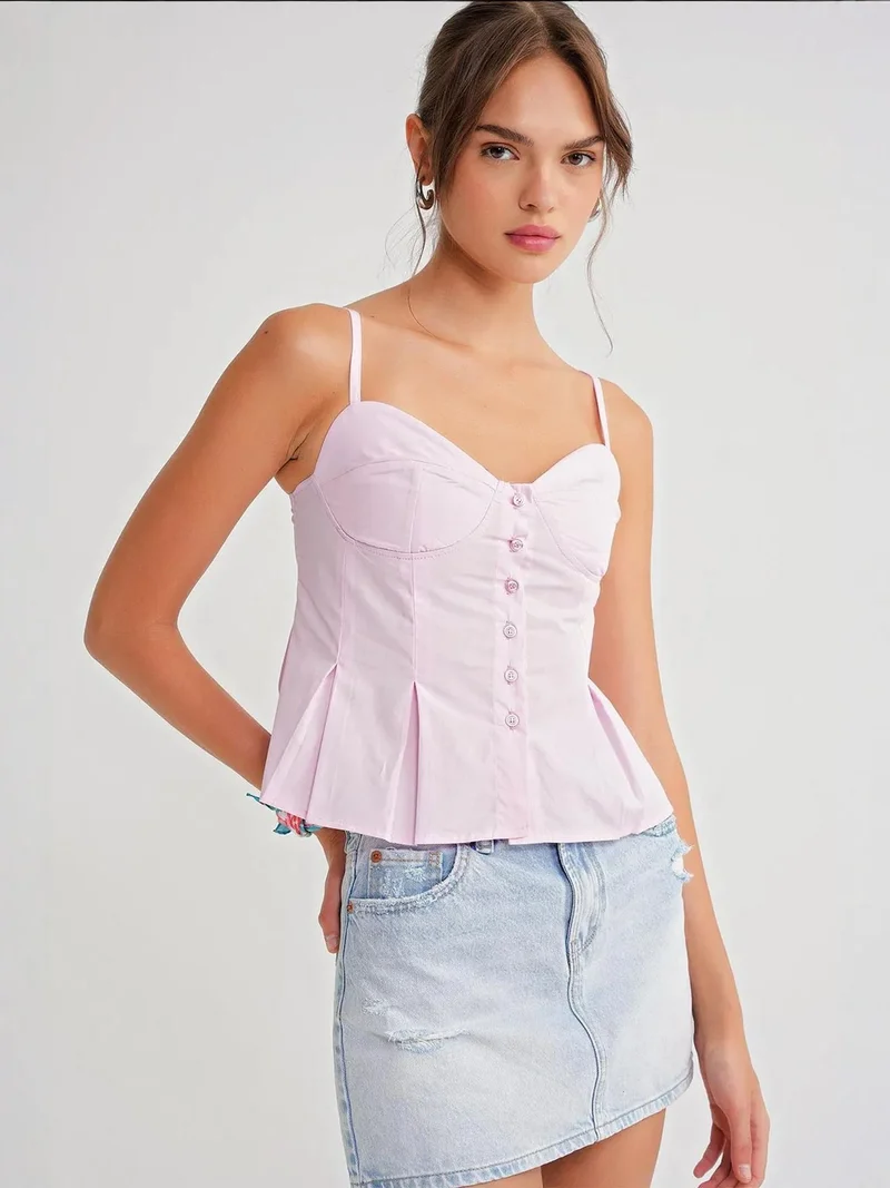 Mixray Powder Pink Sweetheart Neck Button-Front Peplum Cami Top for Women | Best Price UAE