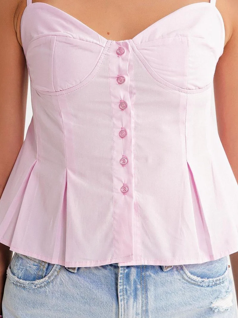 Mixray Powder Pink Sweetheart Neck Button-Front Peplum Cami Top for Women | Best Price UAE