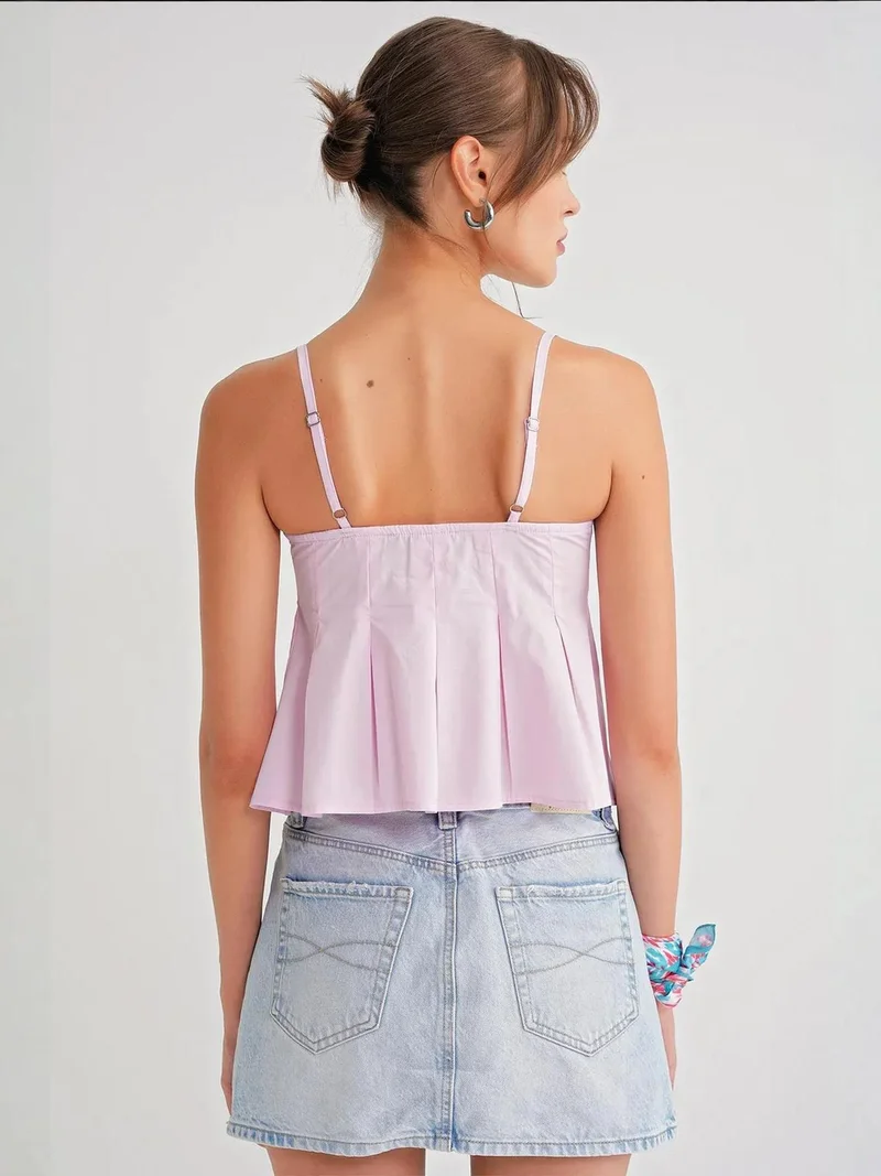 Mixray Powder Pink Sweetheart Neck Button-Front Peplum Cami Top for Women | Best Price UAE