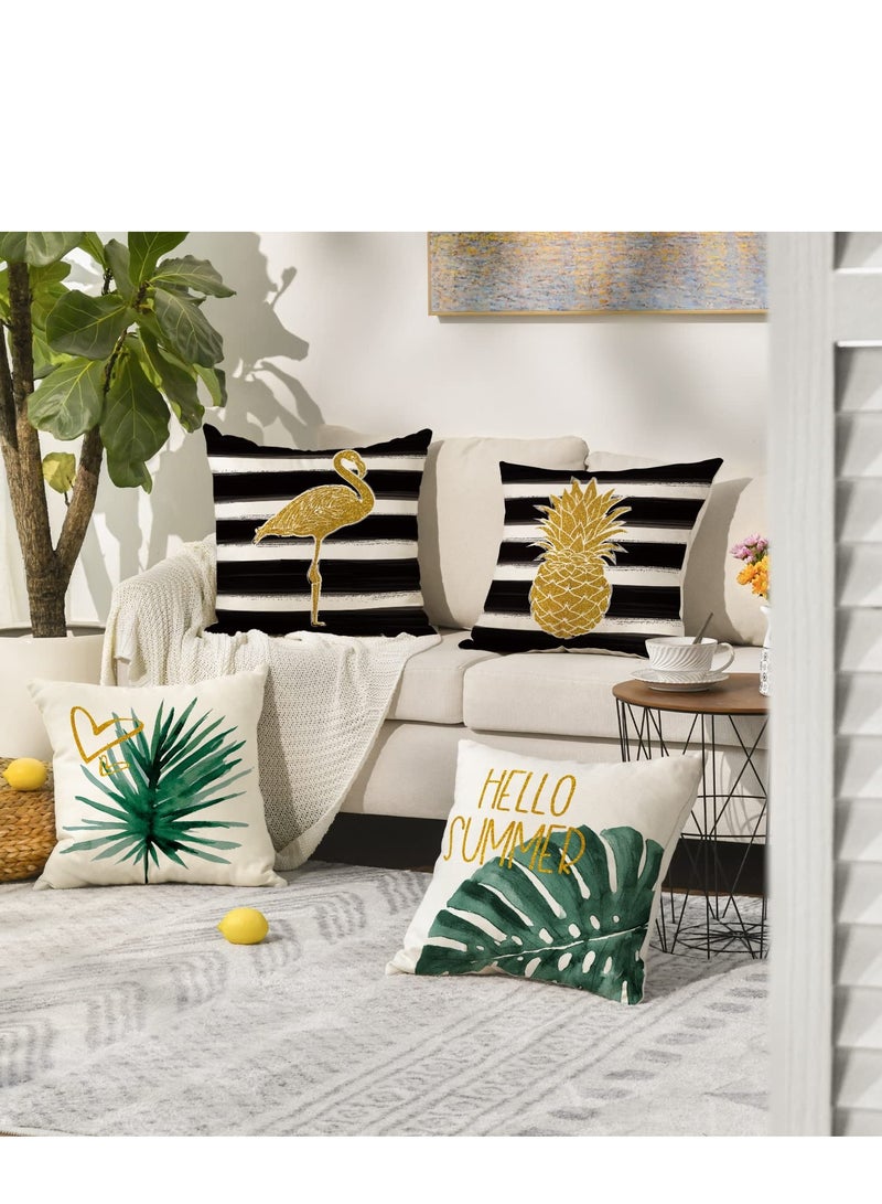 KASTWAVE Watercolor Stripes Tropical Plants Throw Pillow Cover, 18 x 18 Inch Pineapple Flamingo Monstera Cushion Case for Sofa Couch Set of 4 - Image 2