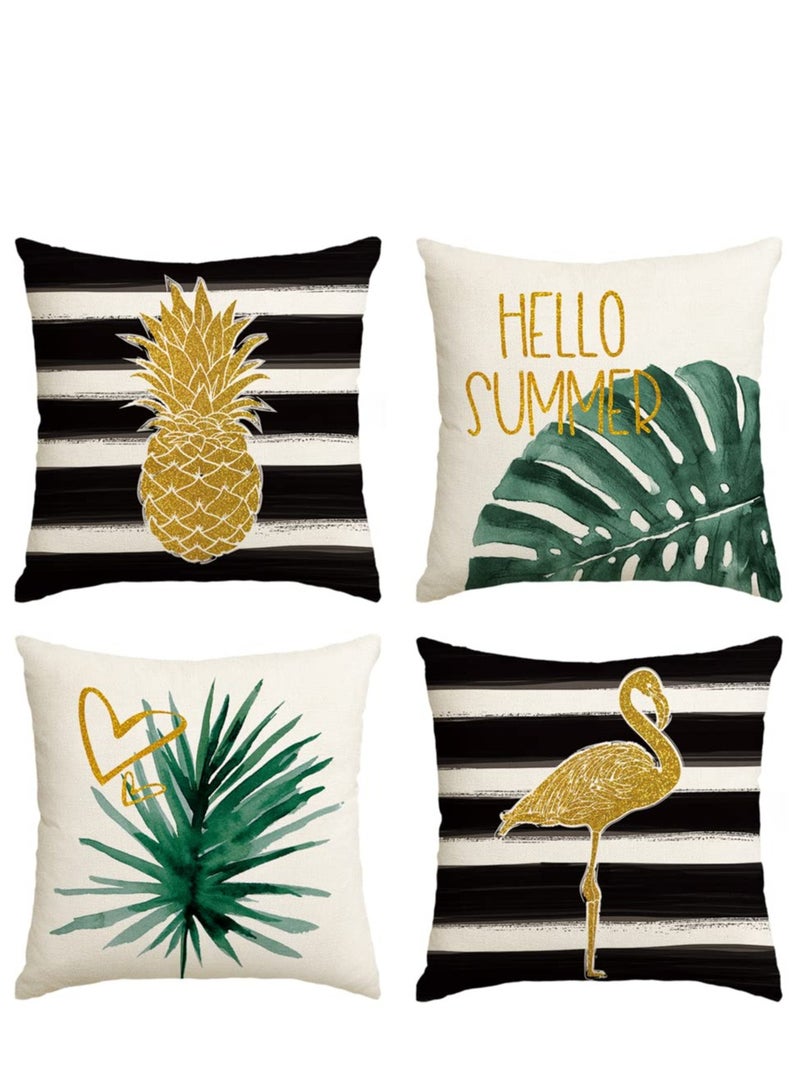 KASTWAVE Watercolor Stripes Tropical Plants Throw Pillow Cover, 18 x 18 Inch Pineapple Flamingo Monstera Cushion Case for Sofa Couch Set of 4 - Image 1