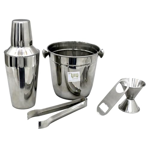 Dynore 5 pcs Beginners Bar Set - Ice Bucket, Small Bottle Opener, Regular Cocktail Shaker, peg Measure, ice Tong - Image 1