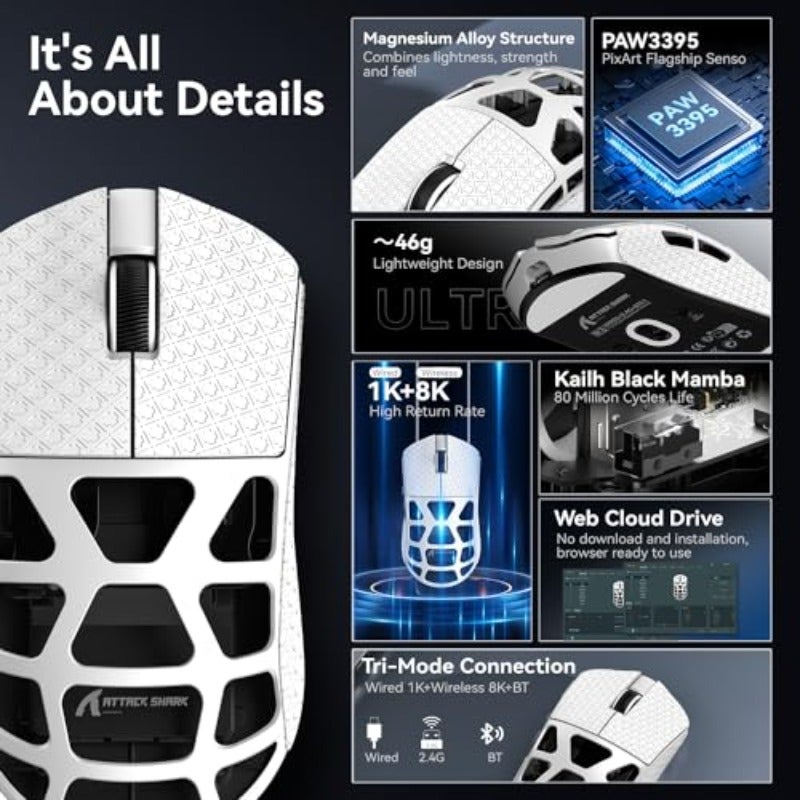 ATTACK SHARK R3 Magnesium Alloy Mouse Wireless 8K Mouse 46g SUPERLIGHT Mouse PixArt PAW3395 Gaming Sensor BT 2.4G Wired Gaming Mouse Adjustable DPI 26000 Office Mice for Win11 Xbox PS Mac -White - Image 4