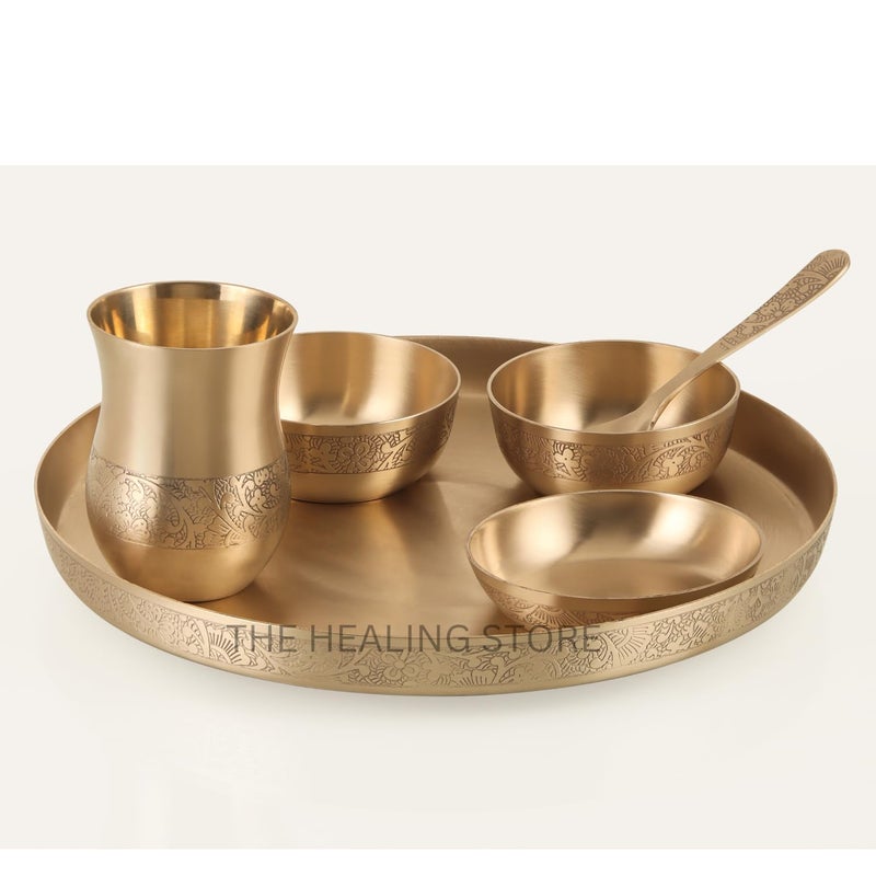 THE HEALING STORE متجر الشفاء مجموعة عشاء من 6 قطع من كانسا | تشطيب غير لامع | 1 طبق (11.5" ثالي)، 2 وعاء، 1 كوب، 1 طبق حلوى، 1 ملعقة | مجموعة عشاء برونزية من كانسا 6 (تصميم مات)  - Image 1