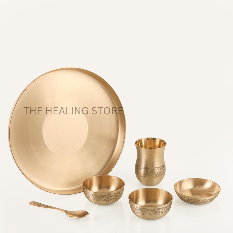 THE HEALING STORE متجر الشفاء مجموعة عشاء من 6 قطع من كانسا | تشطيب غير لامع | 1 طبق (11.5" ثالي)، 2 وعاء، 1 كوب، 1 طبق حلوى، 1 ملعقة | مجموعة عشاء برونزية من كانسا 6 (تصميم مات)  - Image 4