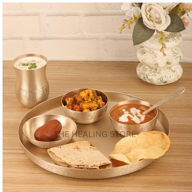 THE HEALING STORE متجر الشفاء مجموعة عشاء من 6 قطع من كانسا | تشطيب غير لامع | 1 طبق (11.5" ثالي)، 2 وعاء، 1 كوب، 1 طبق حلوى، 1 ملعقة | مجموعة عشاء برونزية من كانسا 6 (تصميم مات)  - Image 2