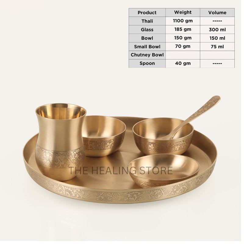 THE HEALING STORE متجر الشفاء مجموعة عشاء من 6 قطع من كانسا | تشطيب غير لامع | 1 طبق (11.5" ثالي)، 2 وعاء، 1 كوب، 1 طبق حلوى، 1 ملعقة | مجموعة عشاء برونزية من كانسا 6 (تصميم مات)  - Image 5