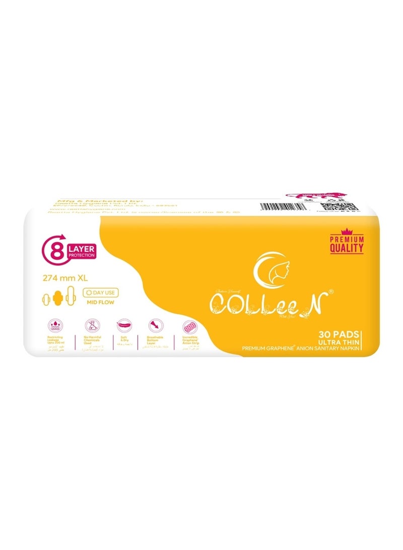 Colleen فوط صحية كولين بريميوم جرافين أنيون XL 274 مم || 30 فوطة - عبوة | فوط صحية قابلة للتنفس || للاستخدام اليومي - Image 1