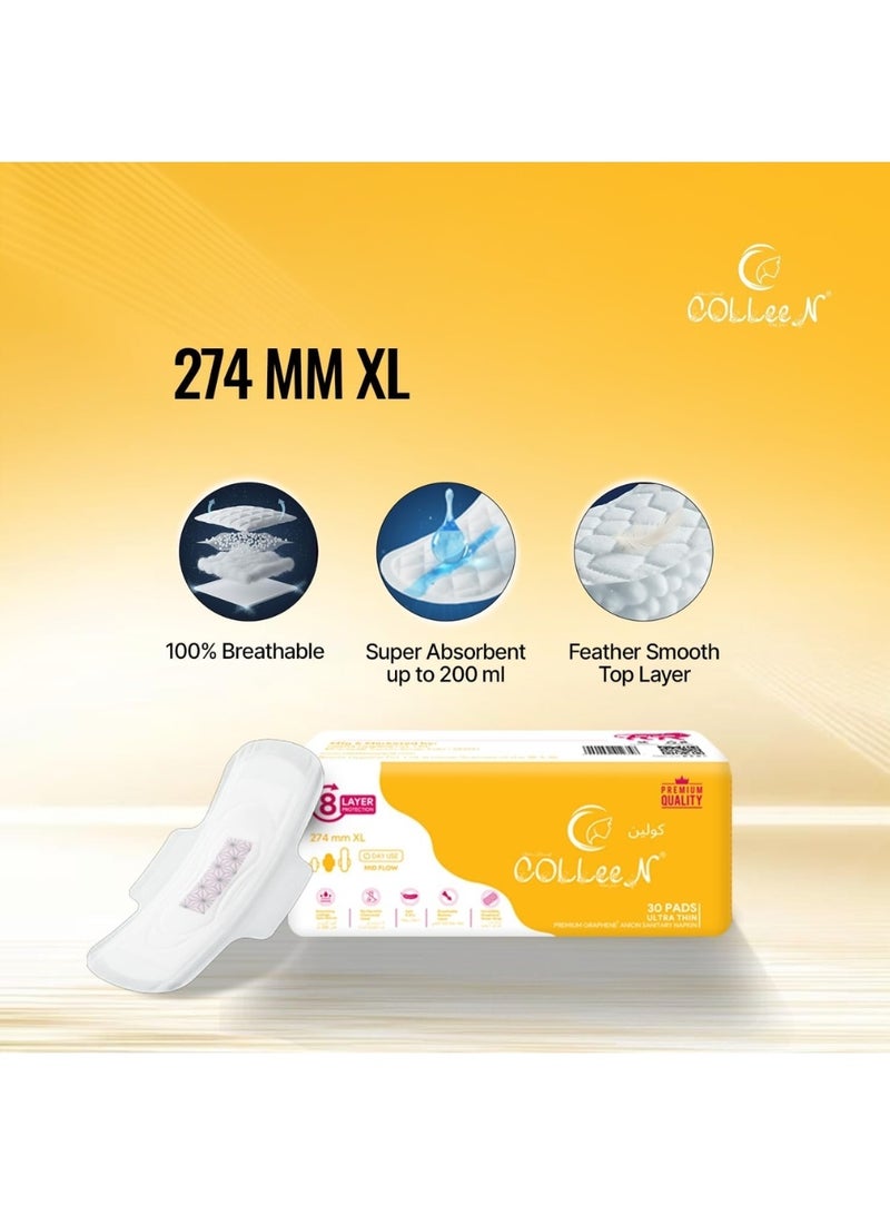 Colleen فوط صحية كولين بريميوم جرافين أنيون XL 274 مم || 30 فوطة - عبوة | فوط صحية قابلة للتنفس || للاستخدام اليومي - Image 5