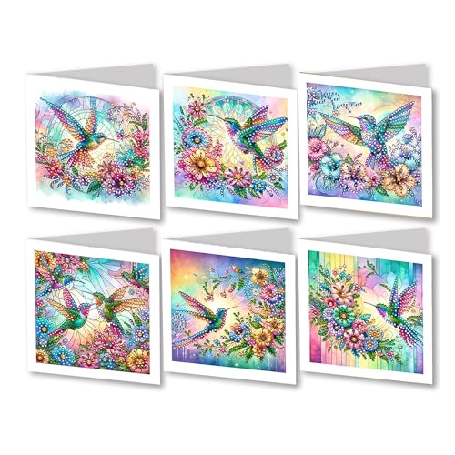 JBTM24 6 Packs Diamond Art Cards Kit Diamond Painting Greeting Cards with Envelopes DIY Card Making Kits for Adults Gifts for Families Friends Partners Hummingbird - Image 1