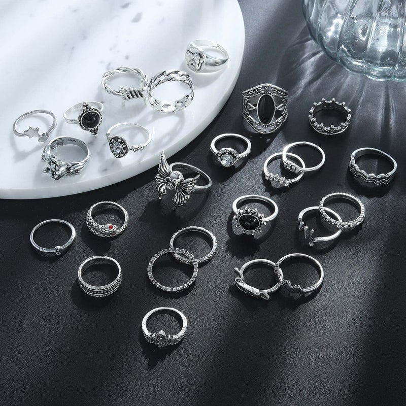 17IF 26 PCS Vintage Silver Goth Ring Set for Women Punk Boho Stackable Finger Knuckle Ring Pack Gothic Chunky Aesthetic Grunge adjustable Animal Devil Skull Angel Crying Eye Emo Retro Sparkle Crystal Rings - Image 5