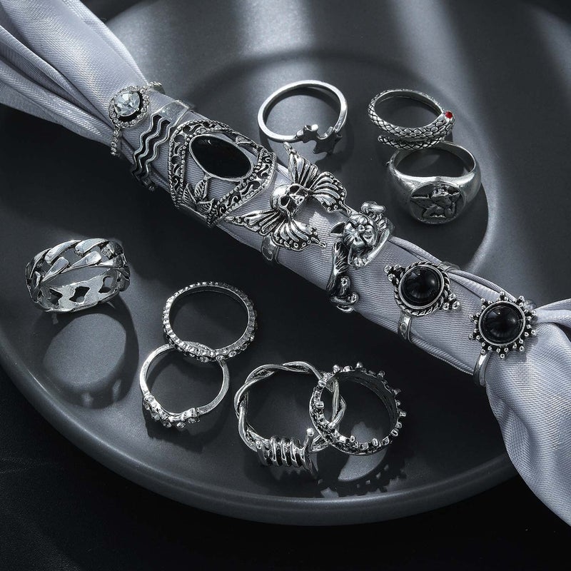17IF 26 PCS Vintage Silver Goth Ring Set for Women Punk Boho Stackable Finger Knuckle Ring Pack Gothic Chunky Aesthetic Grunge adjustable Animal Devil Skull Angel Crying Eye Emo Retro Sparkle Crystal Rings - Image 3