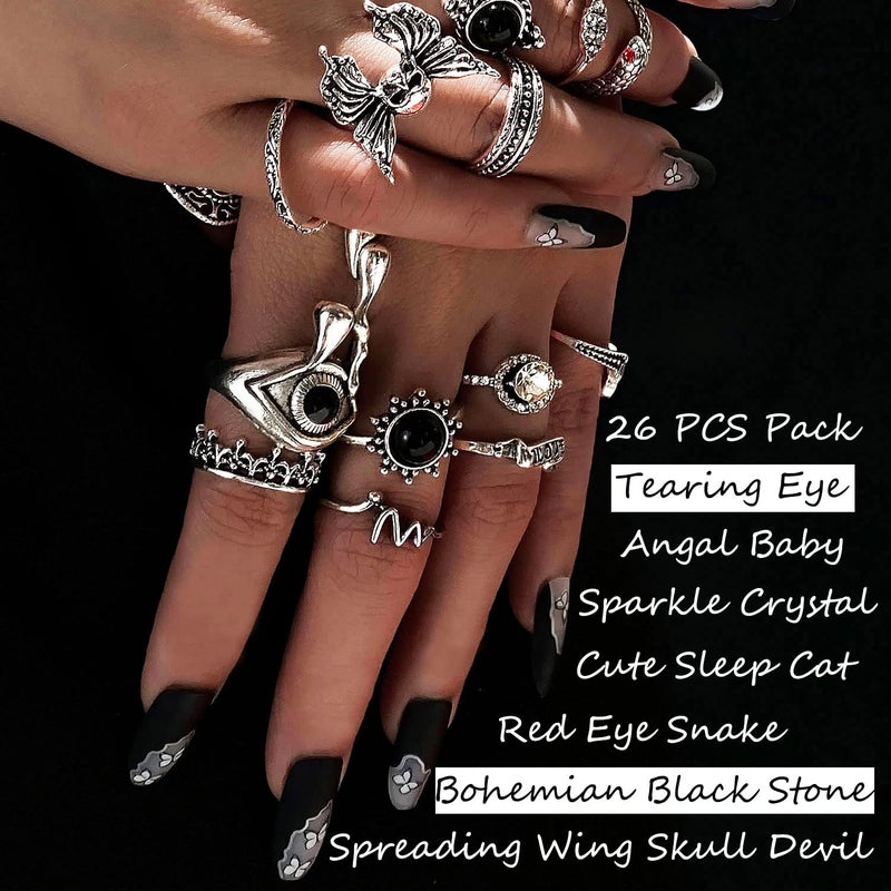17IF 26 PCS Vintage Silver Goth Ring Set for Women Punk Boho Stackable Finger Knuckle Ring Pack Gothic Chunky Aesthetic Grunge adjustable Animal Devil Skull Angel Crying Eye Emo Retro Sparkle Crystal Rings - Image 2