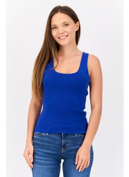 ESPRIT Women Scoop Neck Sleeveless Solid Tank Top, Blue  - Image 1