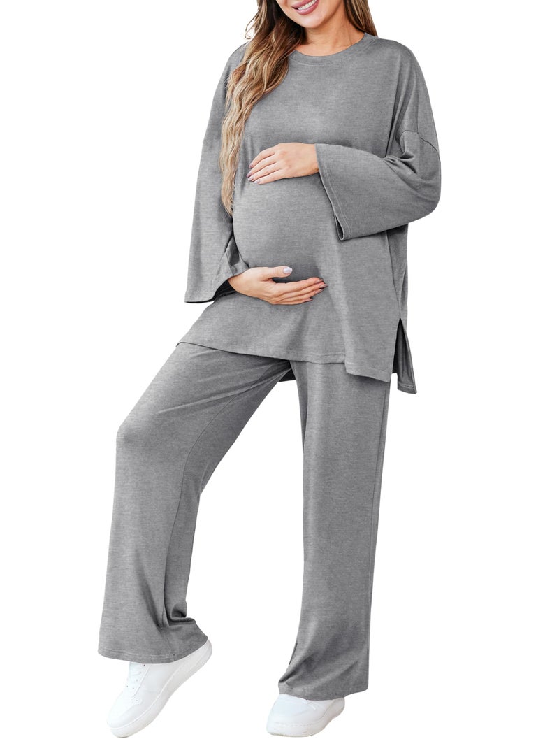 FMEYOA 2 Piece Postpartum Nursing Pajamas Set Casual Grey Maternity Breastfeeding Pjs Sleepwear Loungewear Maternity Clothes M - Image 1