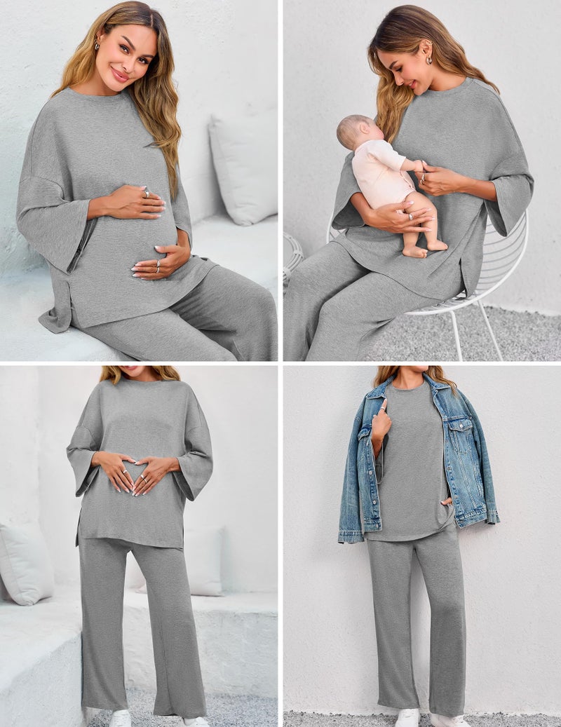 FMEYOA 2 Piece Postpartum Nursing Pajamas Set Casual Grey Maternity Breastfeeding Pjs Sleepwear Loungewear Maternity Clothes M - Image 2
