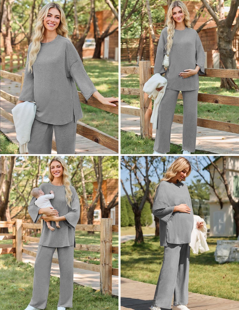 FMEYOA 2 Piece Postpartum Nursing Pajamas Set Casual Grey Maternity Breastfeeding Pjs Sleepwear Loungewear Maternity Clothes M - Image 3