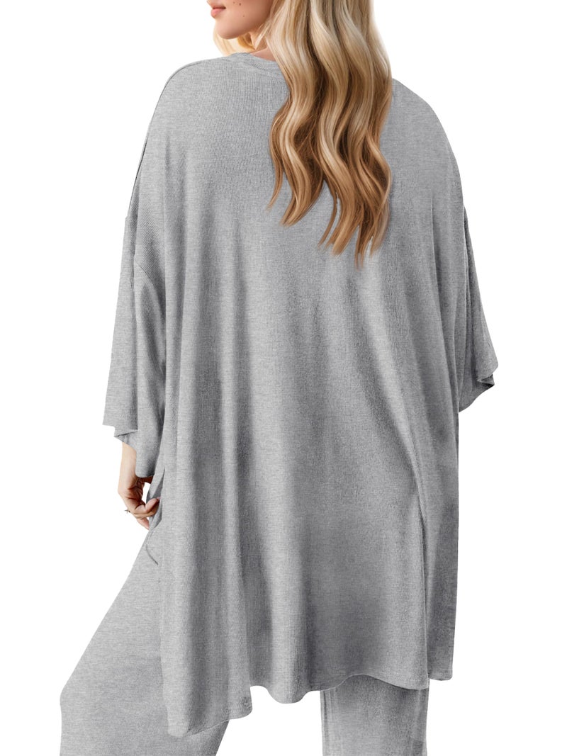 FMEYOA 2 Piece Postpartum Nursing Pajamas Set Casual Grey Maternity Breastfeeding Pjs Sleepwear Loungewear Maternity Clothes M - Image 4