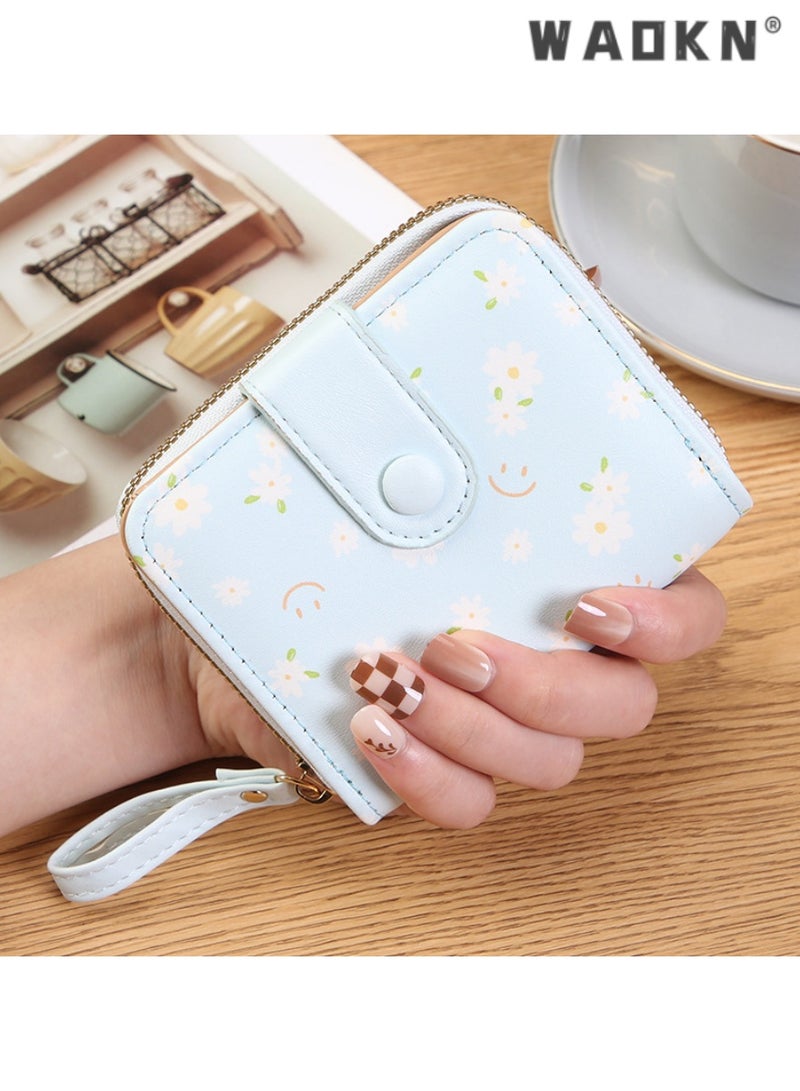 WAOKN Fashionable Korean-style Daisy Watercolor Art Print Short Women's Zippered Wallet, Delicate and Compact with Multiple Card Slots and Coin Compartment（Blue）  - Image 1