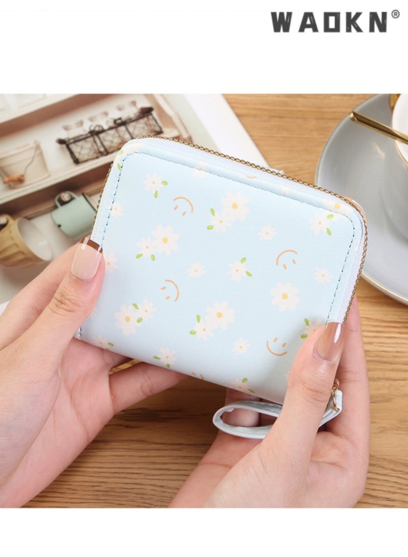 WAOKN Fashionable Korean-style Daisy Watercolor Art Print Short Women's Zippered Wallet, Delicate and Compact with Multiple Card Slots and Coin Compartment（Blue）  - Image 4
