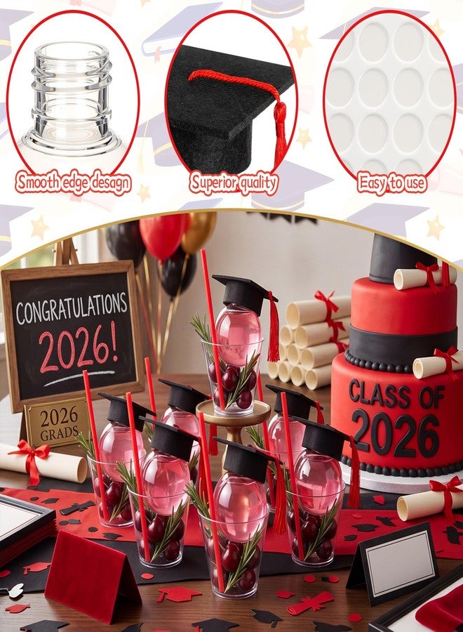LemonRoad 30 Sets Class of 2026 Graduation Party Favors, 150ml Clear Plastic Fillable Drink Ball Cups with Mini Grad Caps, Straws and Adhesive Dots(Red) - Image 3
