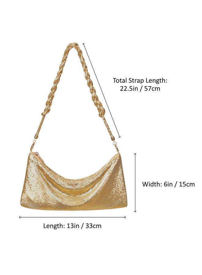 إتش دي إي حقيبة سهرة نسائية من HDE مصنوعة من شبكة معدنية لامعة معقودة ومحفظة كتف ذهبية اللون - Image 3