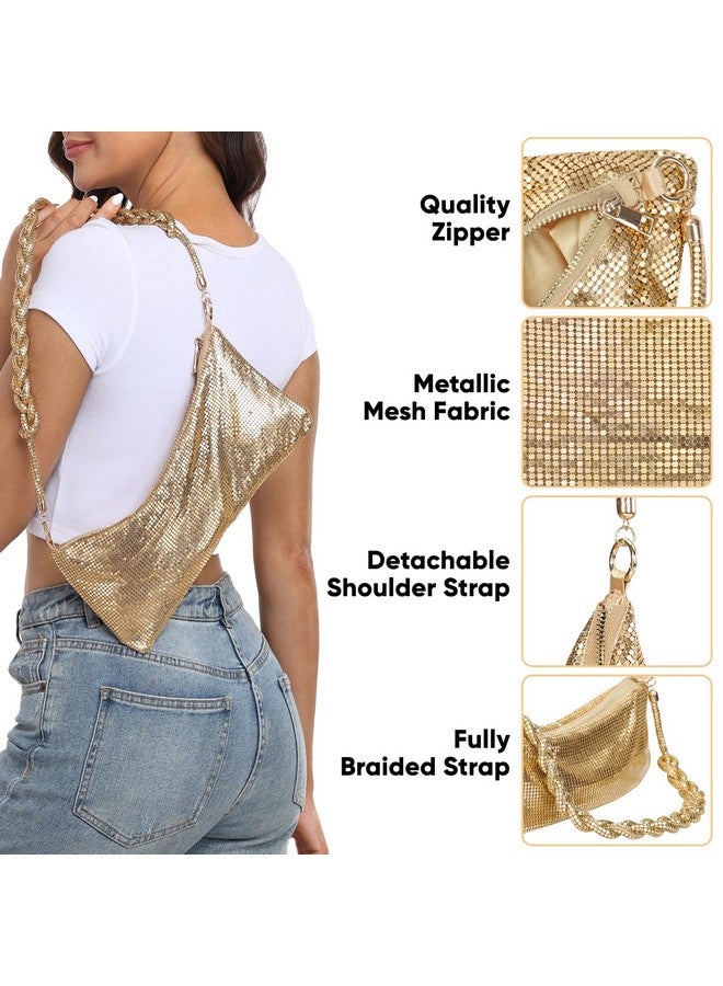 إتش دي إي حقيبة سهرة نسائية من HDE مصنوعة من شبكة معدنية لامعة معقودة ومحفظة كتف ذهبية اللون - Image 2