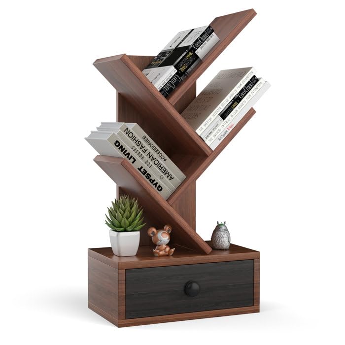 IThree Solid Sheesham Wood Book Shelf | Wooden Tree Shape Bookshelf | Free Standing Bookcase with Open 3 Shelf & One Drawer Storage | Tall Display Unit Book Stand |Rosewood, Honey Brown Finish - Image 2