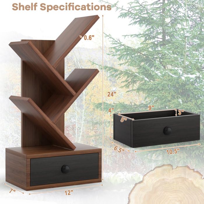 IThree Solid Sheesham Wood Book Shelf | Wooden Tree Shape Bookshelf | Free Standing Bookcase with Open 3 Shelf & One Drawer Storage | Tall Display Unit Book Stand |Rosewood, Honey Brown Finish - Image 3