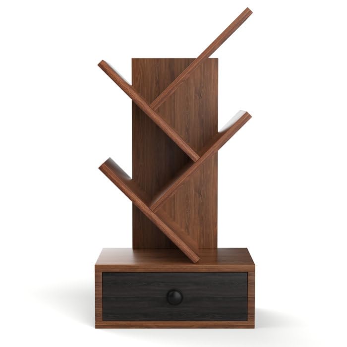 IThree Solid Sheesham Wood Book Shelf | Wooden Tree Shape Bookshelf | Free Standing Bookcase with Open 3 Shelf & One Drawer Storage | Tall Display Unit Book Stand |Rosewood, Honey Brown Finish - Image 4