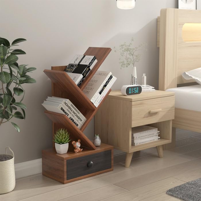 IThree Solid Sheesham Wood Book Shelf | Wooden Tree Shape Bookshelf | Free Standing Bookcase with Open 3 Shelf & One Drawer Storage | Tall Display Unit Book Stand |Rosewood, Honey Brown Finish - Image 5