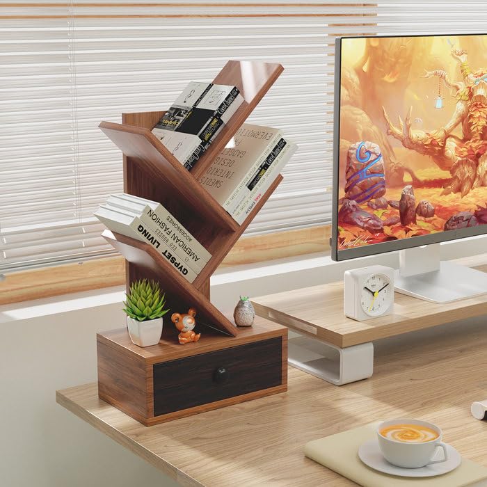 IThree Solid Sheesham Wood Book Shelf | Wooden Tree Shape Bookshelf | Free Standing Bookcase with Open 3 Shelf & One Drawer Storage | Tall Display Unit Book Stand |Rosewood, Honey Brown Finish - Image 1