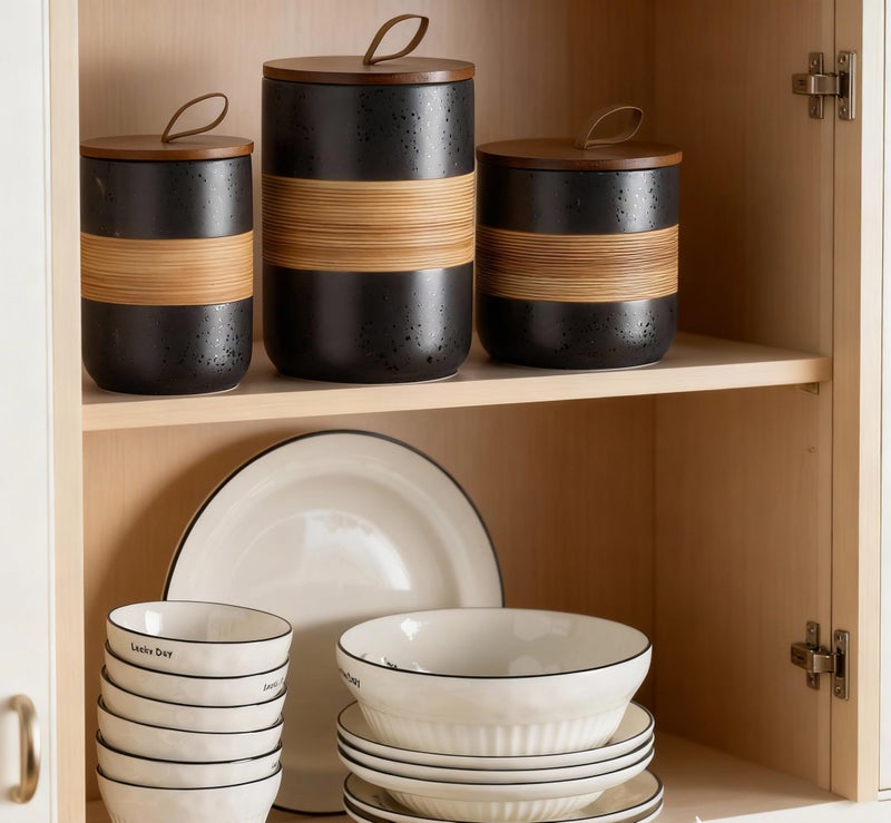 Miamolo Large Storage Containers with Lids, Ceramic Coffee Container Kitchen Food Storage Jars for Spice Sugar Tea Bag, Stackable Decorative Jars for Counter, Black & 61 fl.oz - Image 5