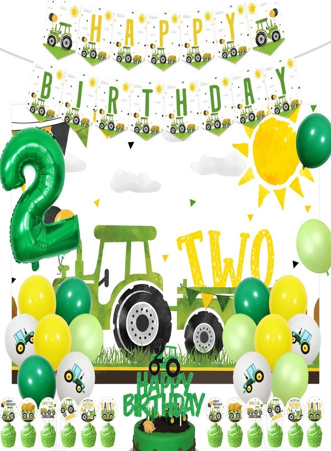 Merrystorm Tractor 2nd Birthday Decorations, Tractor Birthday Backdrop Green Tractor 2nd Birthday Cupcake Cake Toppers Balloon Garland Arch Kit for Boys Tractor Theme 2nd Birthday Party Supplies - Image 1