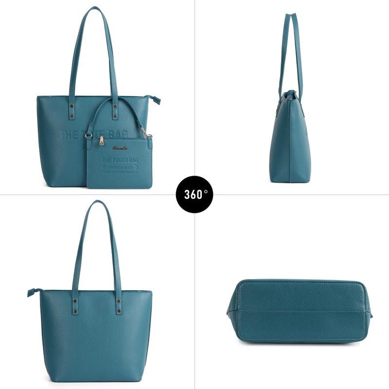 Chinllo Tote Bag for Women, Medium Top Handle Handbags Purse Set with Clutch Bag (D.Turquoise) - Image 5