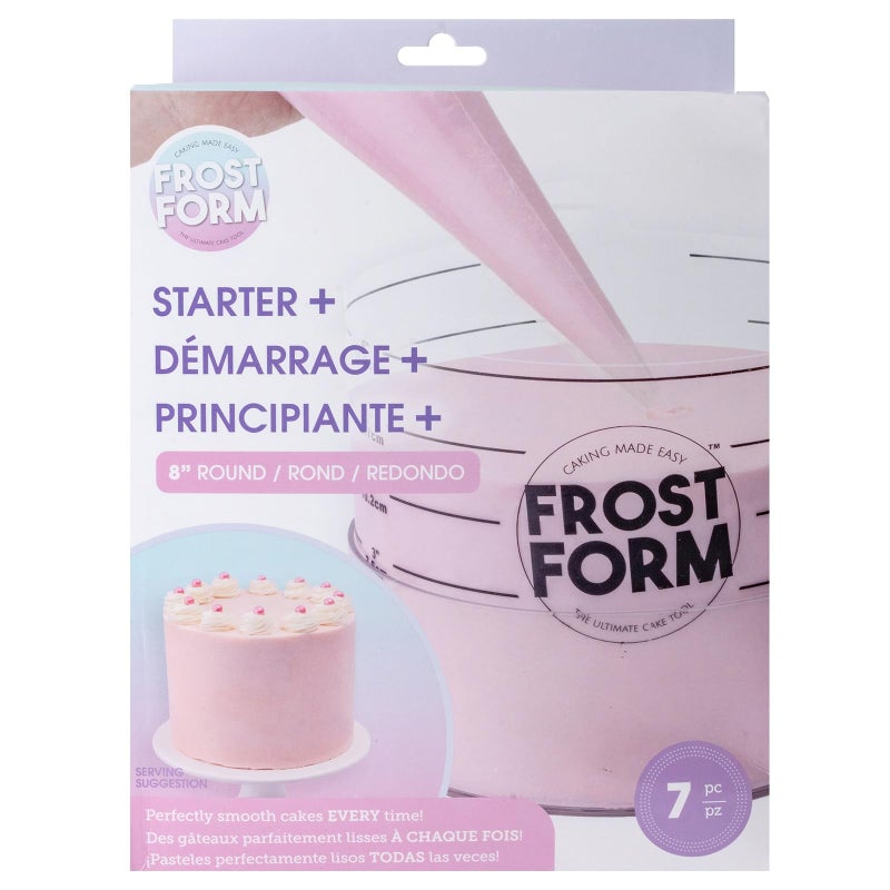 SWEETSHOP AC Food Crafting 6 Inch Frost Form Starter Kit (7 Piece) Cake Pan Round Liner Stand Crumb Cutter Finisher Base Form Instructions Frost Form Cake Kit Cake Icing Kit Frost Form Kit Cake Mold Plastic - Image 1