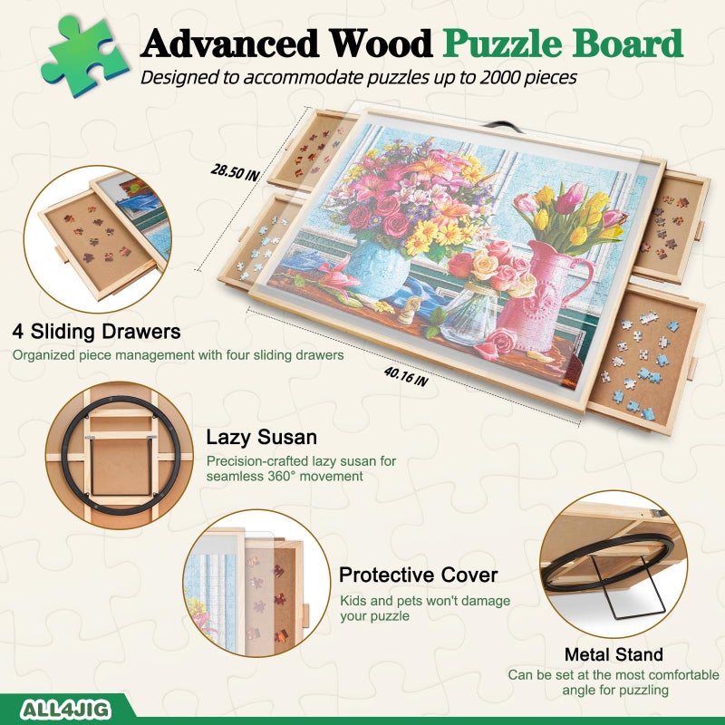ALL4JIG 2000 Pieces 2-in-1 Tilting & Rotating Puzzle Board, 40.16" x 28.5"Adjustable Angle Puzzle Board with 4 Drawers & Clear Protective Cover, Birthday Gift for mom - Image 2
