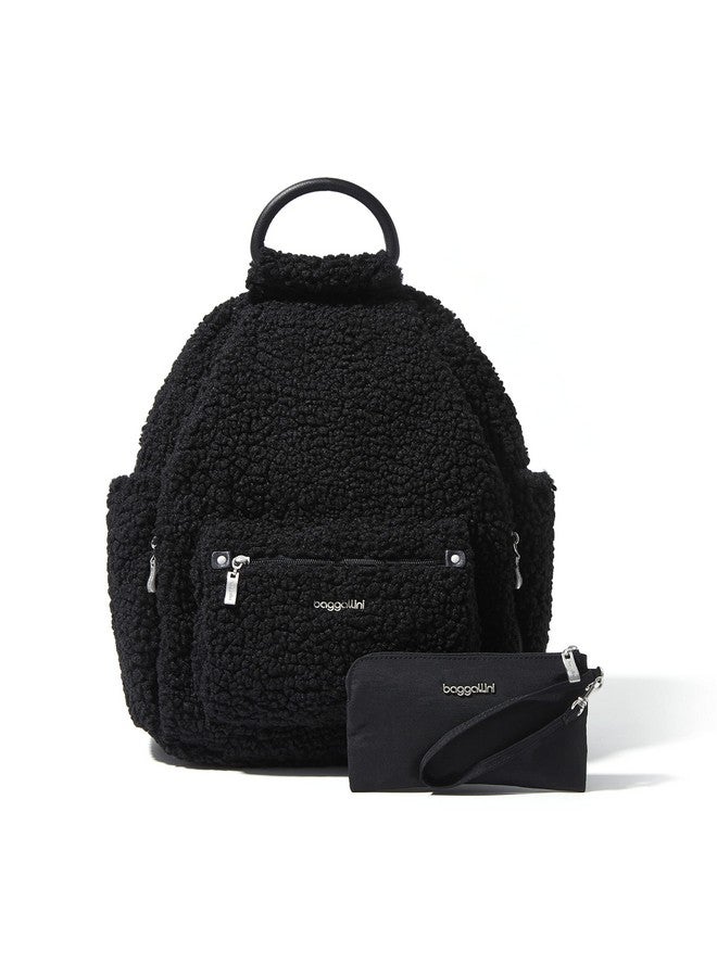 Baggallini Womens All Day Backpack With Rfid Phone Wristlet Black Faux Shearling - Image 1