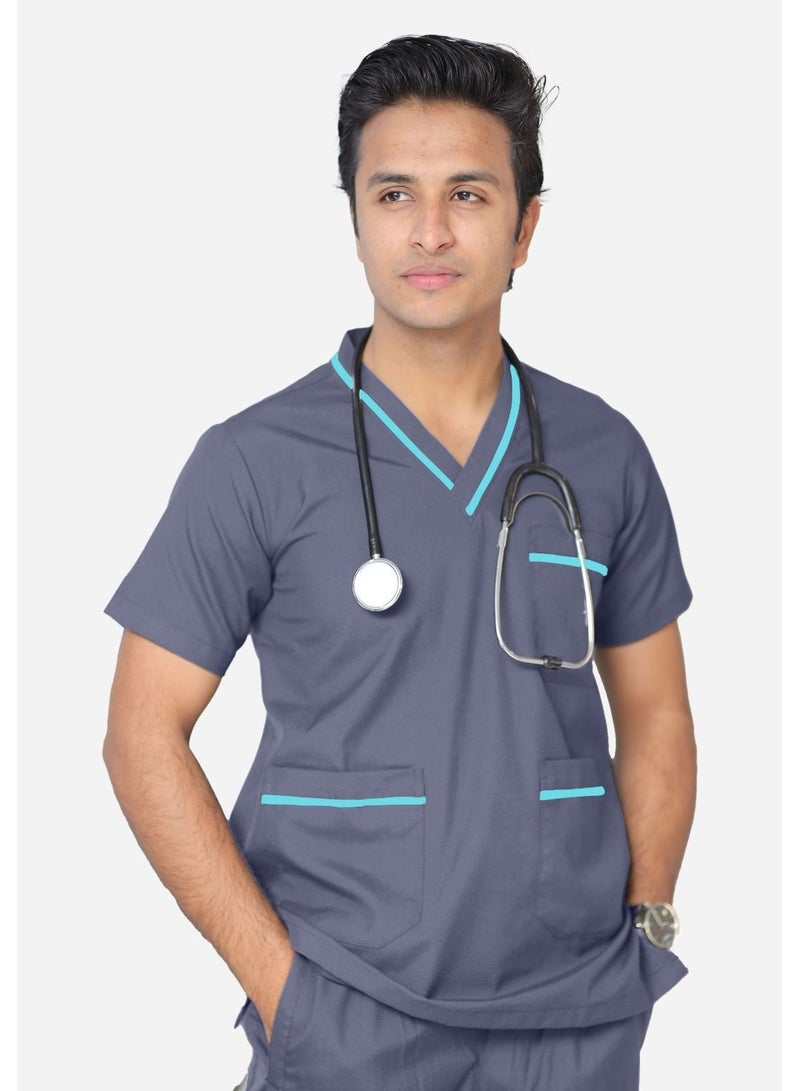 SPACEDOUT Medical Scrub Set | Unisex V Neck Dubai Style Scrub Suit With Turquoise Piping Top Overlap and Elasticated Drawstring Pant | Nursing Uniform Suit  - Image 1