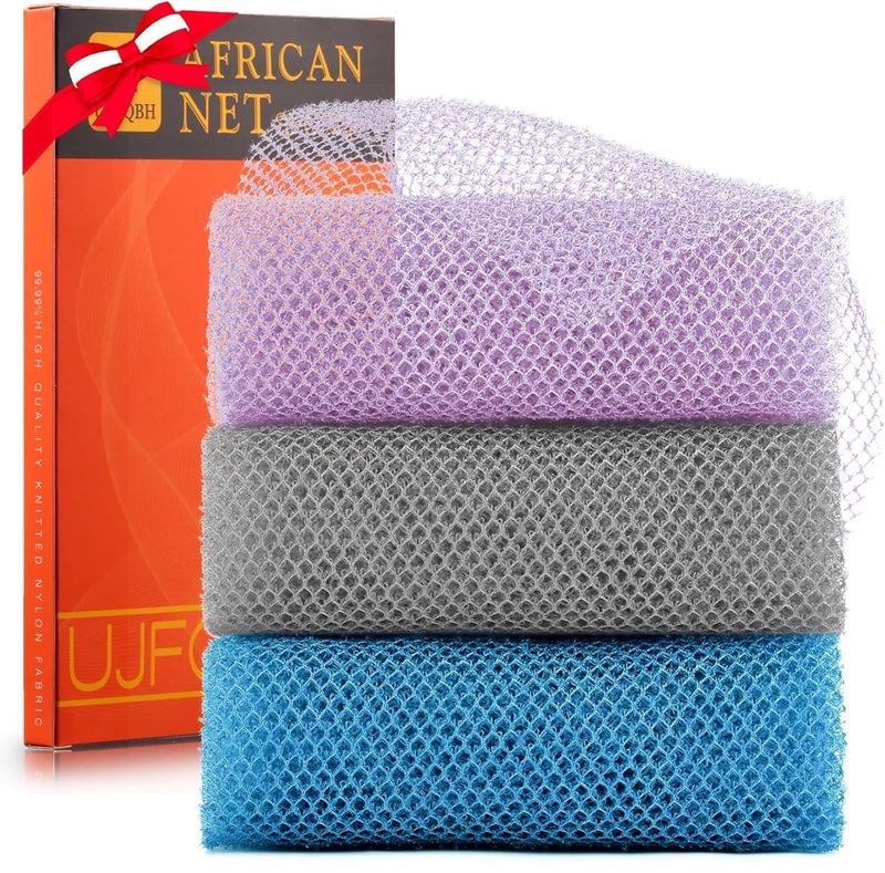 UJFQBH 3 Pieces African exfoliating net African Net Long Net Bath Sponge Exfoliating Shower Body Scrubber Back Scrubber Skin SmootherGreat for Daily Use Purple Gray Blue