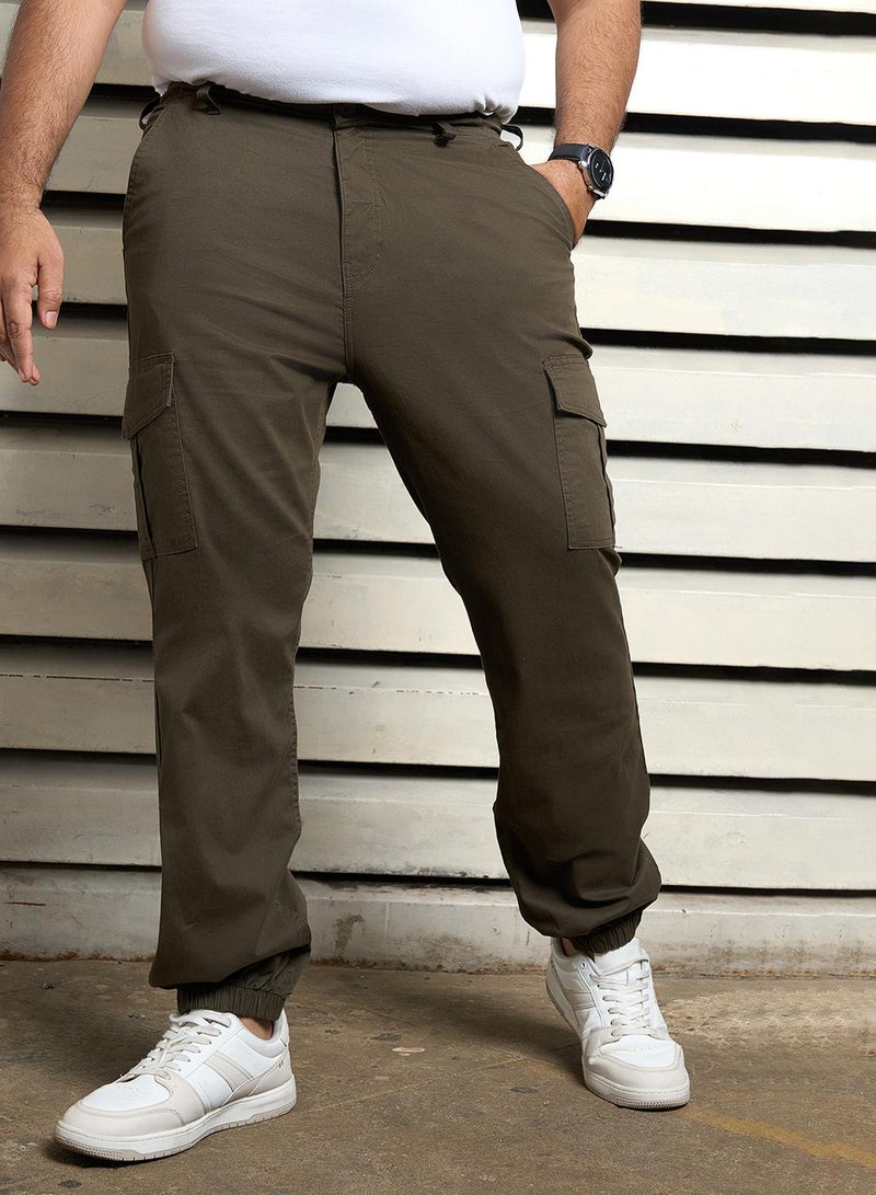 HIGH STAR Men's Dark Olive Cotton Blend Solid Pattern Full Length Cargo Straight Fit Trouser - Image 3