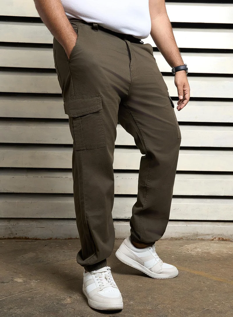 HIGH STAR Men's Dark Olive Cotton Blend Solid Pattern Full Length Cargo Straight Fit Trouser