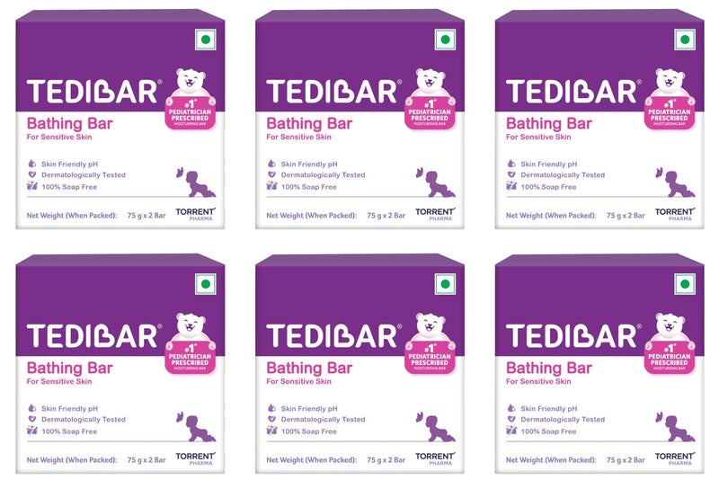 Tedibar Moisturising Baby Bathing Bar each (75gx2) with Skin Friendly PH|100% Soap Free|Dermatologically Tested x Pack of 6 - Image 1