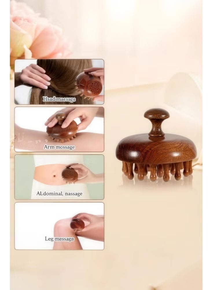 مدلك فروة الرأس الخشبي بمقبض، فرشاة تدليك، مدلك فروة الرأس من خشب الصندل - Image 2