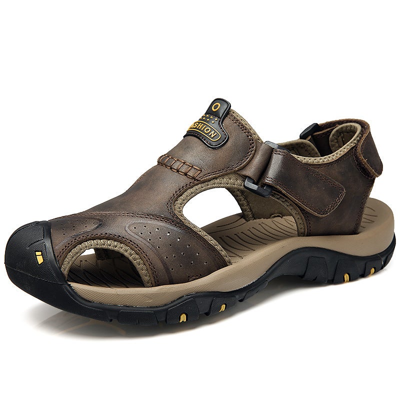 Cross-border Large Size Sandals Mens Summer New Cowhide Toe Sports Beach Shoes Breathable Outdoor Lightweight Casual Shoes for Men 7238 Dark Brown 