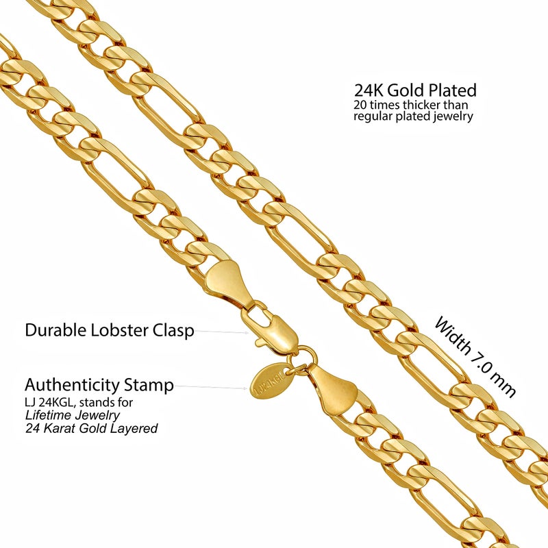 LIFETIME JEWELRY 7mm Figaro Chain Necklace Diamond Cut 24k Real Gold Plated (Gold, 22 inches) - Image 4
