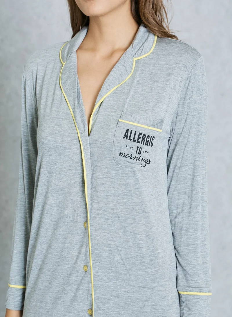 Lounge District Slogan Contrast Piping Shirt Nightdress