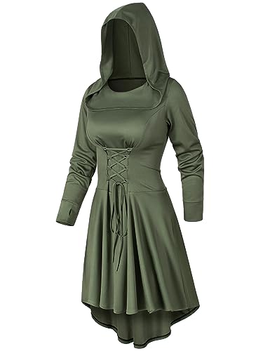 Irtysh Womens Base Vintage High Low Pullover Medieval Hooded Robe Cloak Dress Costumes Cosplay Net Leggings Set(Green M) - Image 3