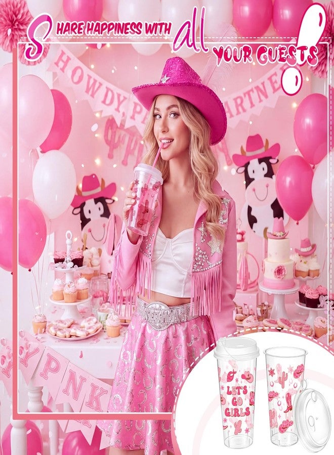 Remerry 50 Sets Western Cowgirl Party Cups with Lids and Straws - 17 Oz Plastic Pink and Brown Clear Cups Bulk for Birthday Party Baby Shower Theme Events Decorations Supplies - Image 5